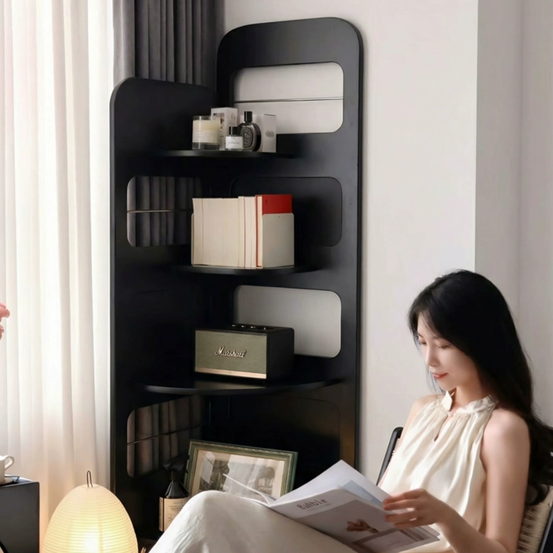 Contemporary Nordic Rectangular Fan-Shaped Rubberwood Stainless Steel Corner Shelf Unit 4-Tier For Living Room