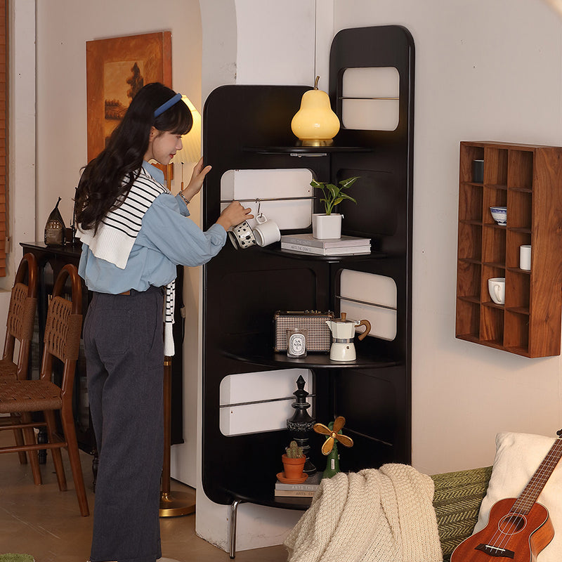 Contemporary Nordic Rectangular Fan-Shaped Rubberwood Stainless Steel Corner Shelf Unit 4-Tier For Living Room