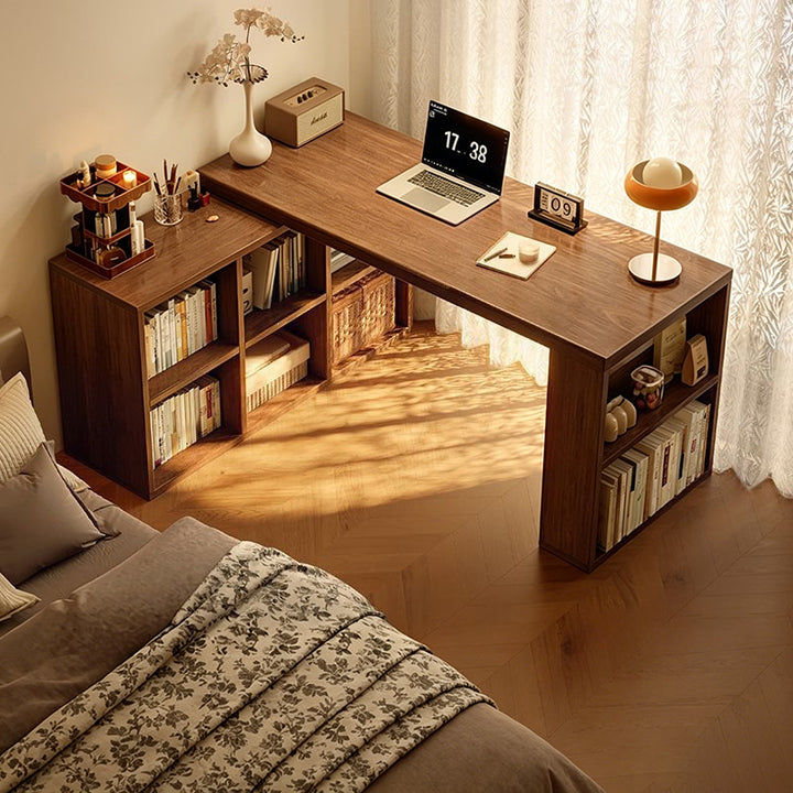 Modern Minimalist Rectangular L-Shaped Particle Board Desk With Bookshelf 8/10 Storage For Home Office