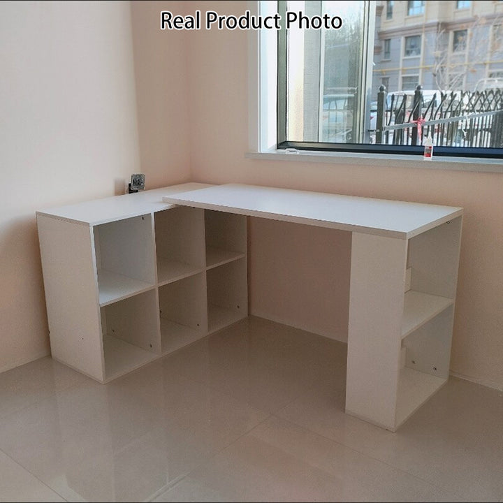 Modern Minimalist Rectangular L-Shaped Particle Board Desk With Bookshelf 8/10 Storage For Home Office