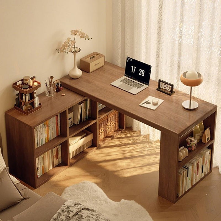 Modern Minimalist Rectangular L-Shaped Particle Board Desk With Bookshelf 8/10 Storage For Home Office