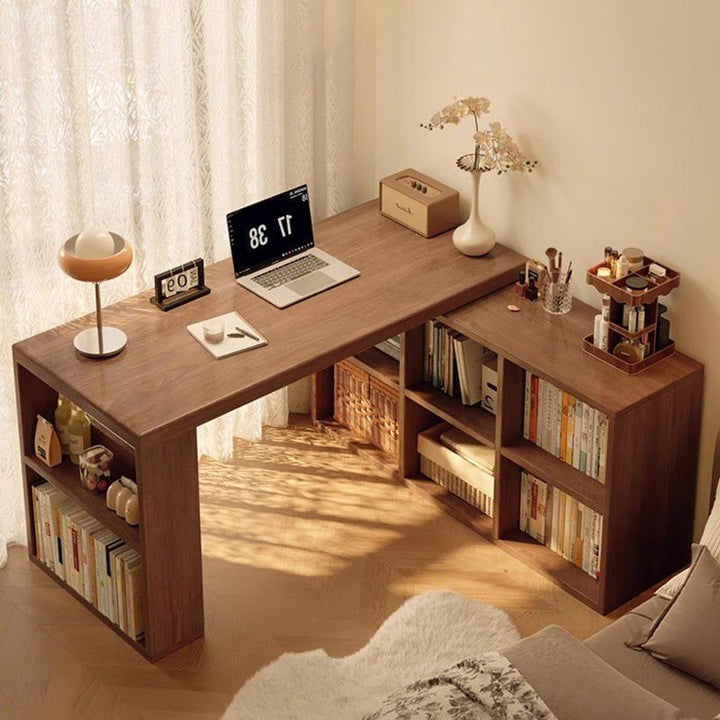 Modern Minimalist Rectangular L-Shaped Particle Board Desk With Bookshelf 8/10 Storage For Home Office