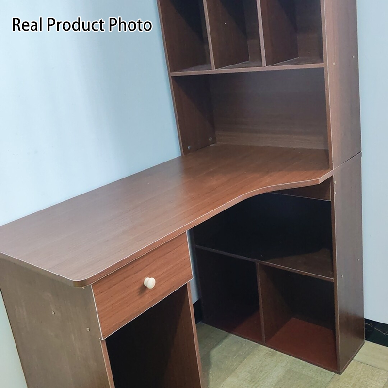 Modern Minimalist Rectangular L-Shaped Medium Density Fiberboard Desk With Bookshelf 5-Tier 1 Drawer For Home Office