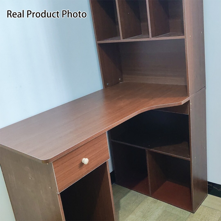Modern Minimalist Rectangular L-Shaped Medium Density Fiberboard Desk With Bookshelf 5-Tier 1 Drawer For Home Office