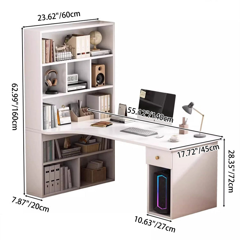 Modern Minimalist Rectangular L-Shaped Medium Density Fiberboard Desk With Bookshelf 5-Tier 1 Drawer For Home Office
