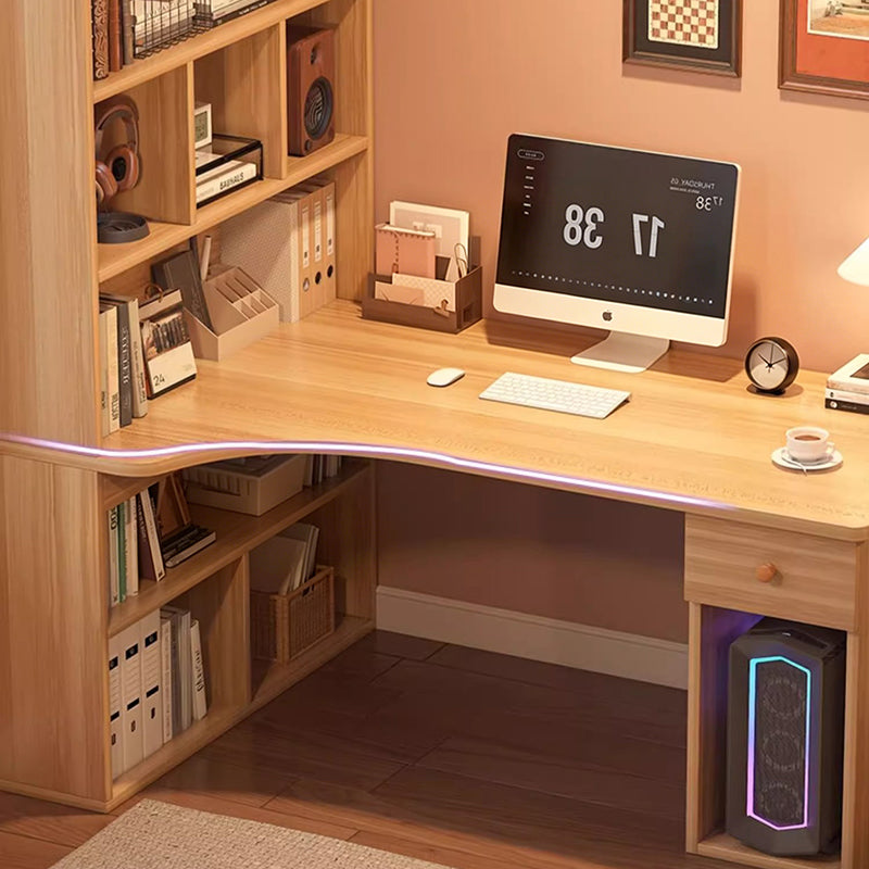 Modern Minimalist Rectangular L-Shaped Medium Density Fiberboard Desk With Bookshelf 5-Tier 1 Drawer For Home Office