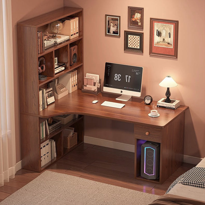 Modern Minimalist Rectangular L-Shaped Medium Density Fiberboard Desk With Bookshelf 5-Tier 1 Drawer For Home Office
