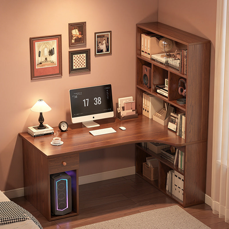 Modern Minimalist Rectangular L-Shaped Medium Density Fiberboard Desk With Bookshelf 5-Tier 1 Drawer For Home Office