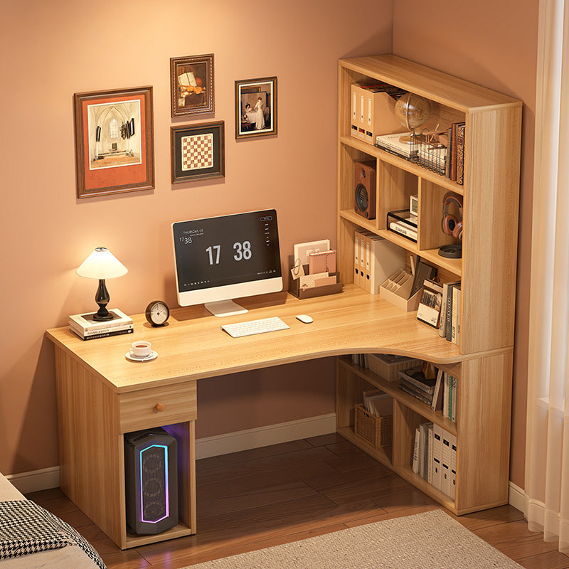 Modern Minimalist Rectangular L-Shaped Medium Density Fiberboard Desk With Bookshelf 5-Tier 1 Drawer For Home Office