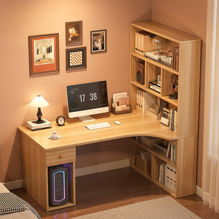Modern Minimalist Rectangular L-Shaped Medium Density Fiberboard Desk With Bookshelf 5-Tier 1 Drawer For Home Office