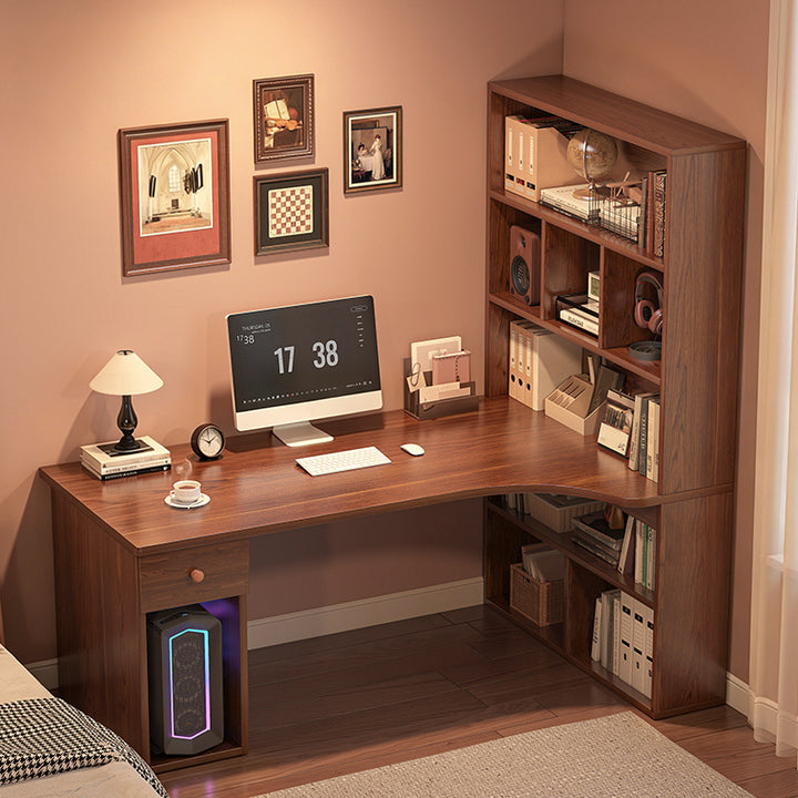 Modern Minimalist Rectangular L-Shaped Medium Density Fiberboard Desk With Bookshelf 5-Tier 1 Drawer For Home Office