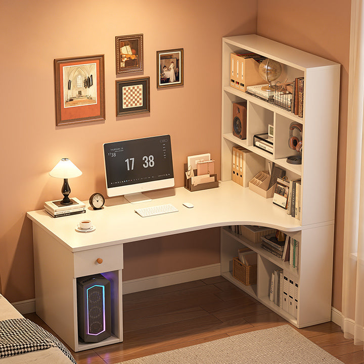 Modern Minimalist Rectangular L-Shaped Medium Density Fiberboard Desk With Bookshelf 5-Tier 1 Drawer For Home Office