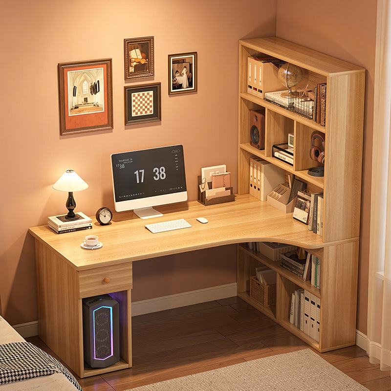Modern Minimalist Rectangular L-Shaped Medium Density Fiberboard Desk With Bookshelf 5-Tier 1 Drawer For Home Office