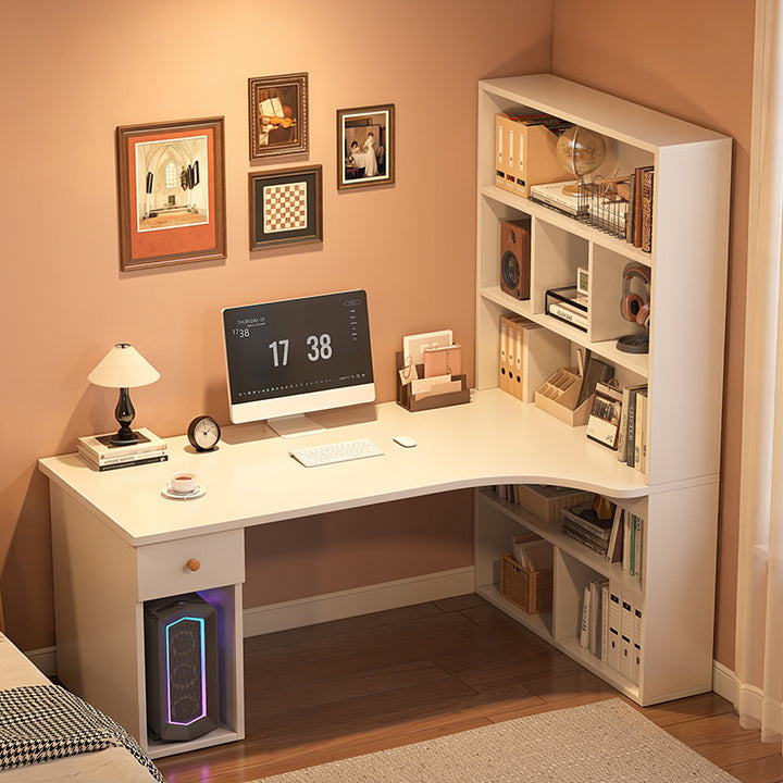 Modern Minimalist Rectangular L-Shaped Medium Density Fiberboard Desk With Bookshelf 5-Tier 1 Drawer For Home Office