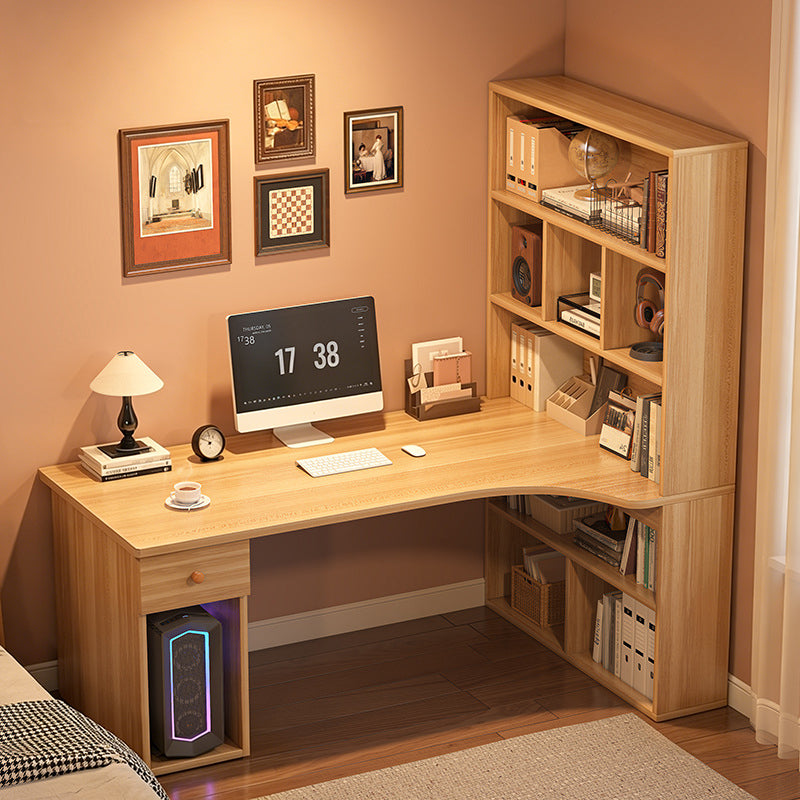 Modern Minimalist Rectangular L-Shaped Medium Density Fiberboard Desk With Bookshelf 5-Tier 1 Drawer For Home Office