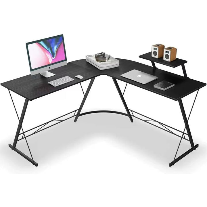 Modern Minimalist Rectangular L-Shaped Iron Medium Density Fiberboard Desk 2-Tier For Home Office