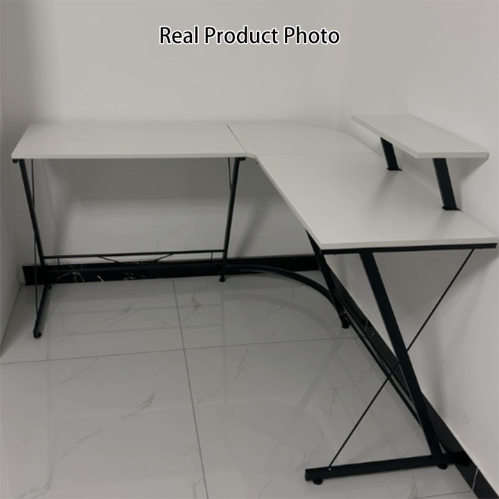 Modern Minimalist Rectangular L-Shaped Iron Medium Density Fiberboard Desk 2-Tier For Home Office