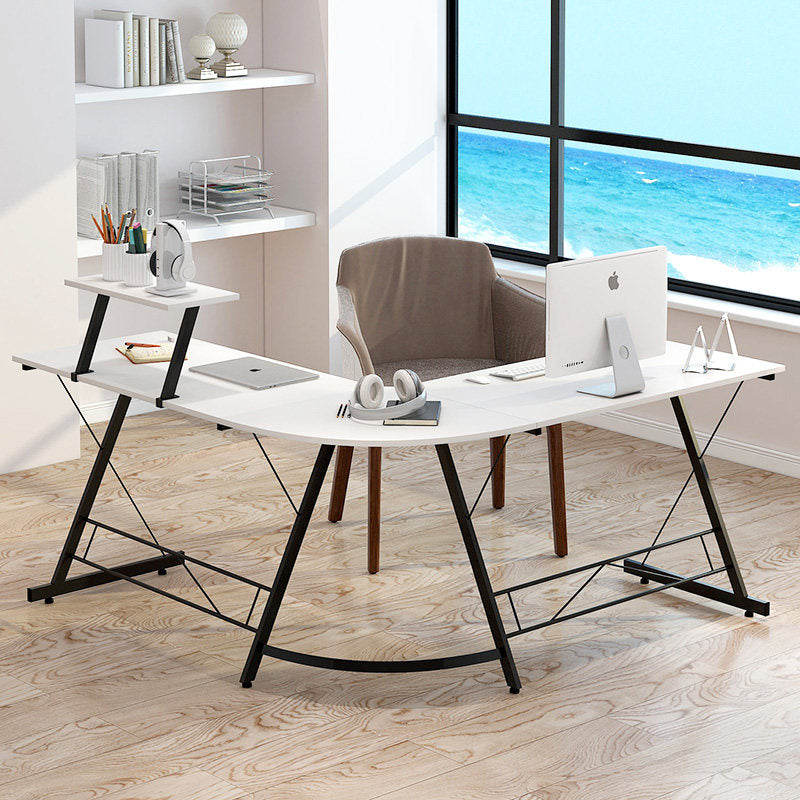 Modern Minimalist Rectangular L-Shaped Iron Medium Density Fiberboard Desk 2-Tier For Home Office