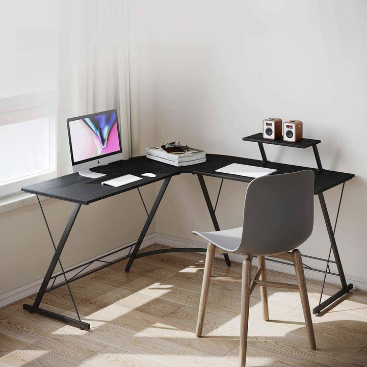 Modern Minimalist Rectangular L-Shaped Iron Medium Density Fiberboard Desk 2-Tier For Home Office