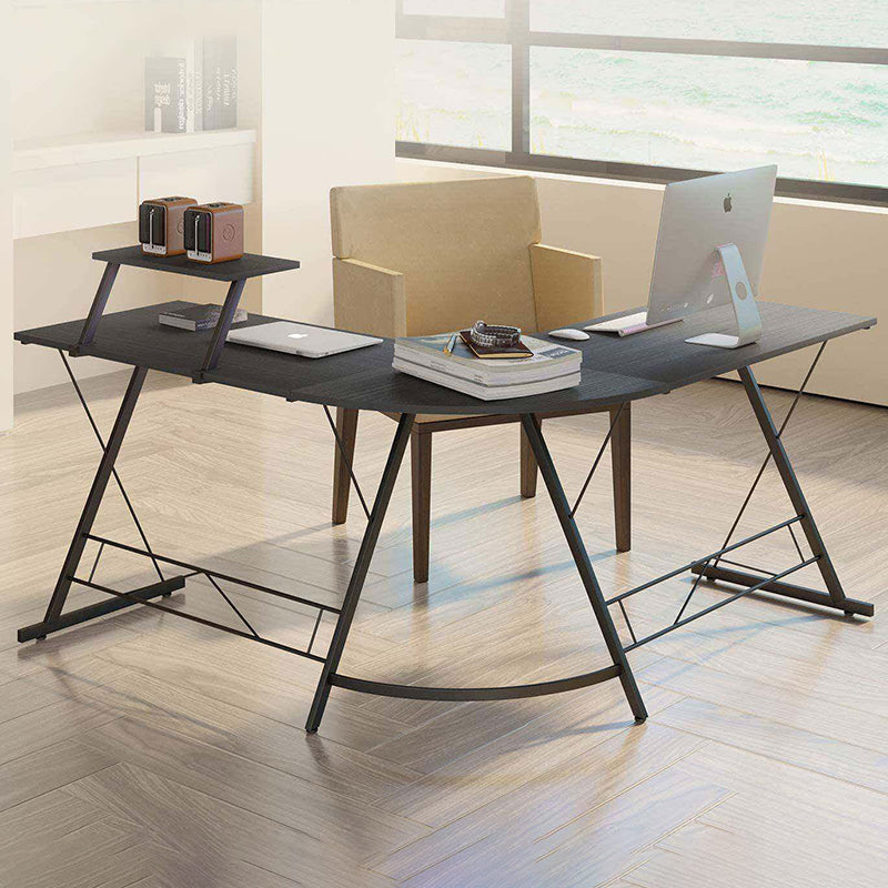 Modern Minimalist Rectangular L-Shaped Iron Medium Density Fiberboard Desk 2-Tier For Home Office