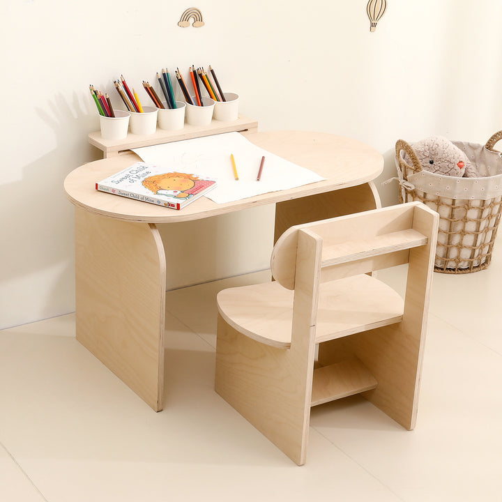 Modernes skandinavisches rechteckiges Kinder-Schreibtisch- und Stuhl-Set aus Sperrholz, 2-stufig, fürs Schlafzimmer 