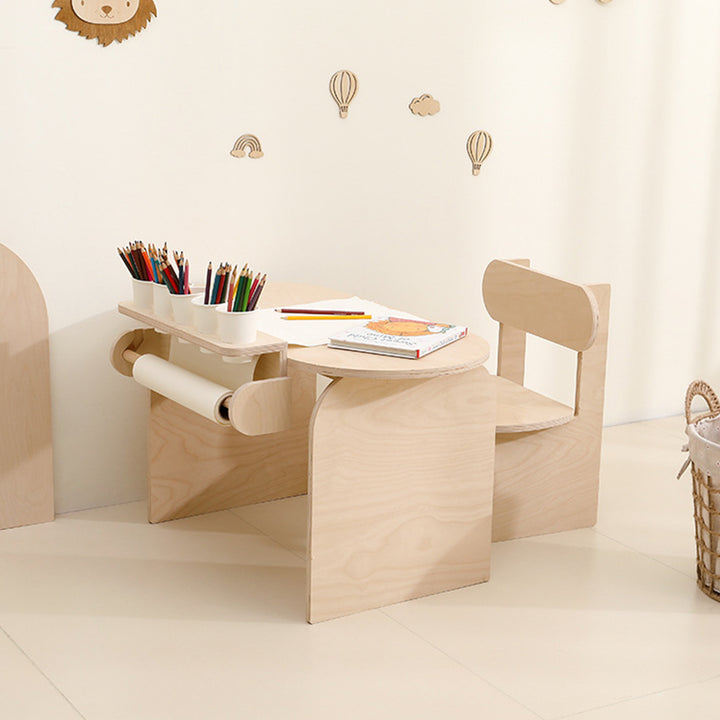Contemporary Scandinavian Rectangular Plywood Kids Desk & Chair Set 2-Tier For Bedroom