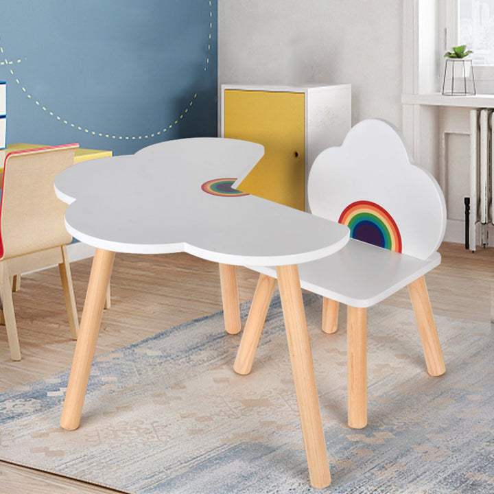 Contemporary Scandinavian Curved Cloud-Patterned Rainbow Pine Medium Density Fiberboard Kids Desk & Chair Set 1-Tier For Bedroom