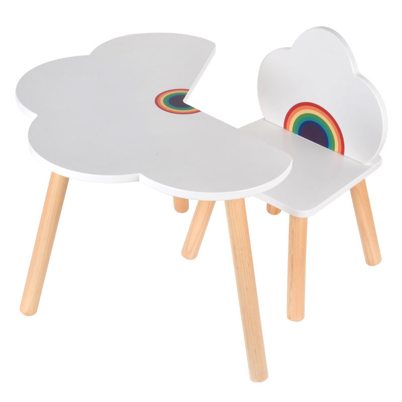 Contemporary Scandinavian Curved Cloud-Patterned Rainbow Pine Medium Density Fiberboard Kids Desk &amp; Chair Set 1-Tier For Bedroom