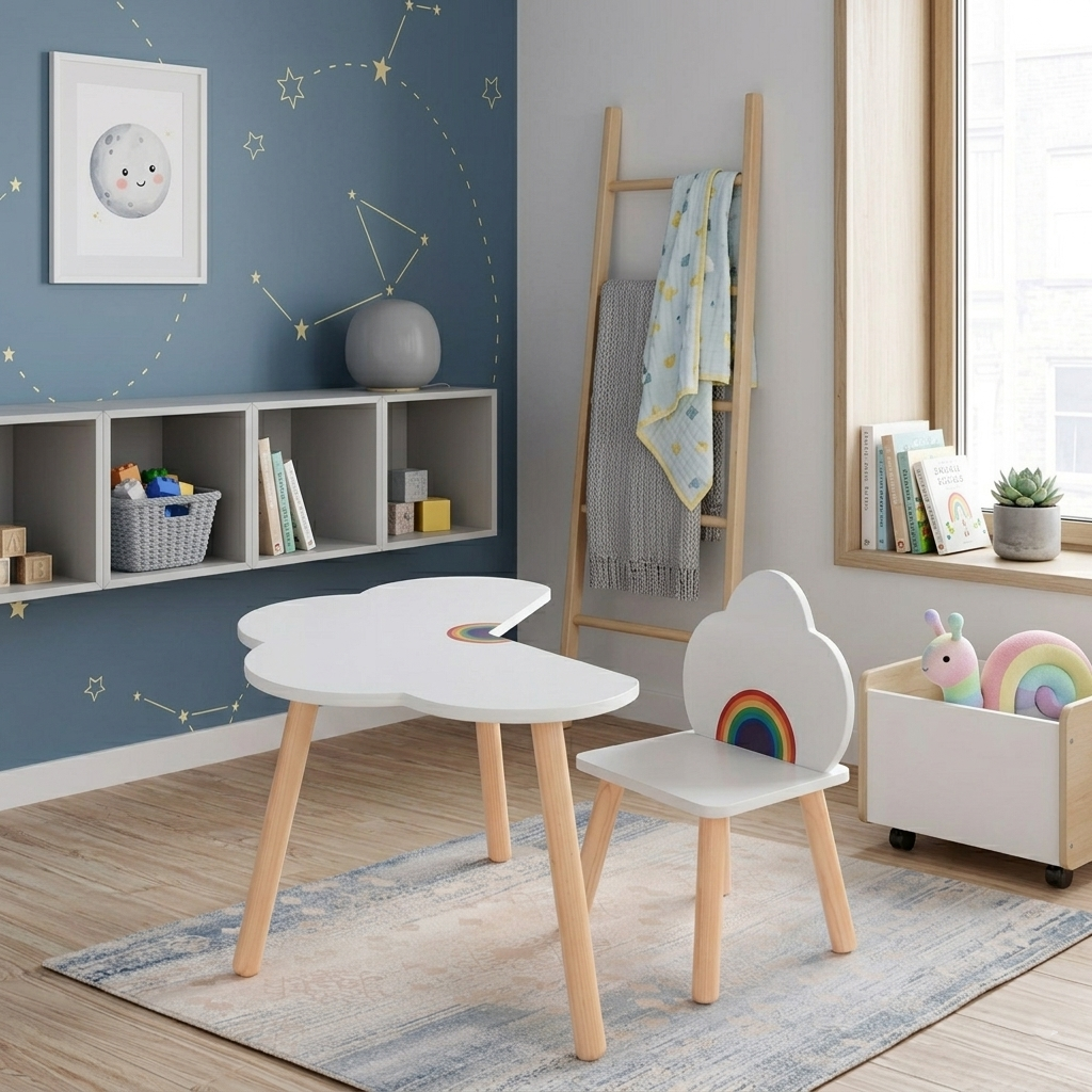 Contemporary Scandinavian Curved Cloud-Patterned Rainbow Pine Medium Density Fiberboard Kids Desk &amp; Chair Set 1-Tier For Bedroom