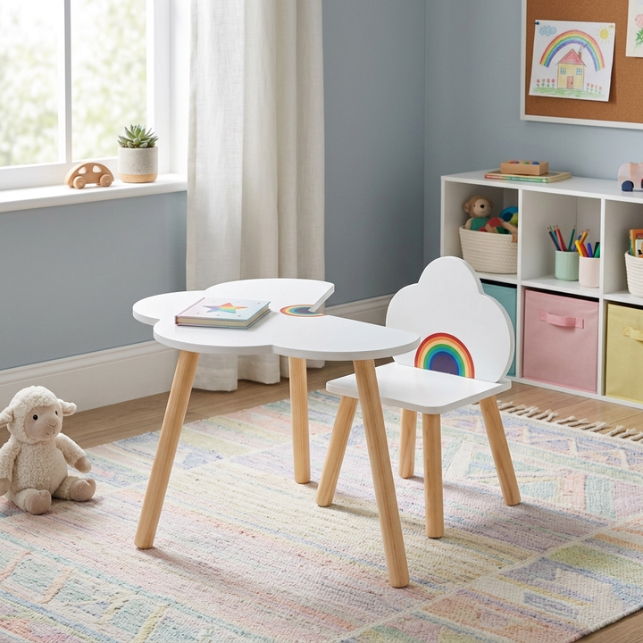 Contemporary Scandinavian Curved Cloud-Patterned Rainbow Pine Medium Density Fiberboard Kids Desk & Chair Set 1-Tier For Bedroom
