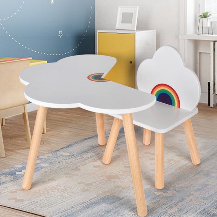 Contemporary Scandinavian Curved Cloud-Patterned Rainbow Pine Medium Density Fiberboard Kids Desk &amp; Chair Set 1-Tier For Bedroom