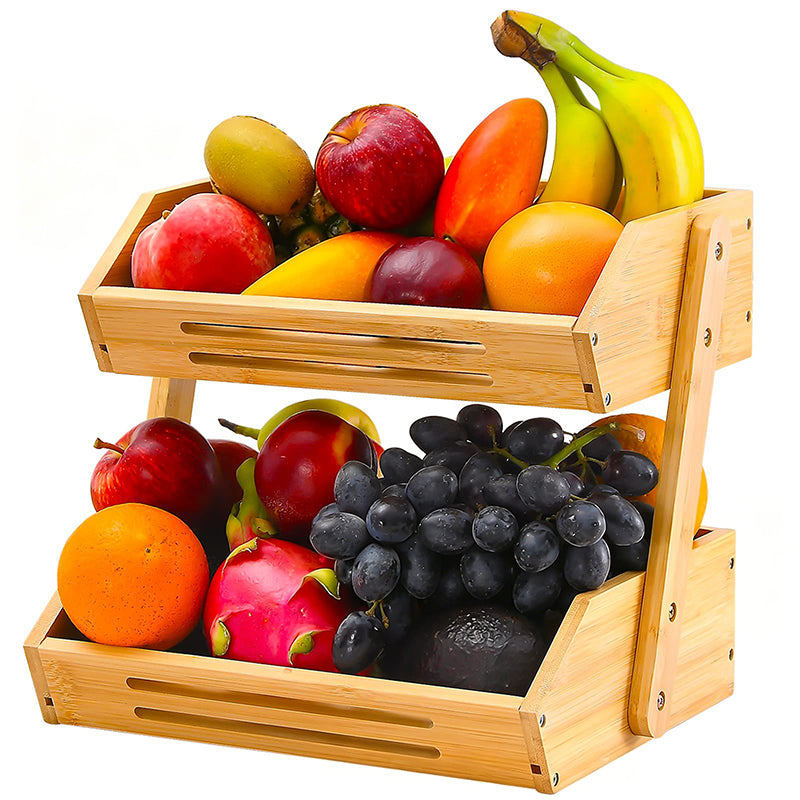 Contemporary Scandinavian Rectangular Bamboo Fruit Basket Desktop Storage Shelf 2/3 Tier For Kitchen