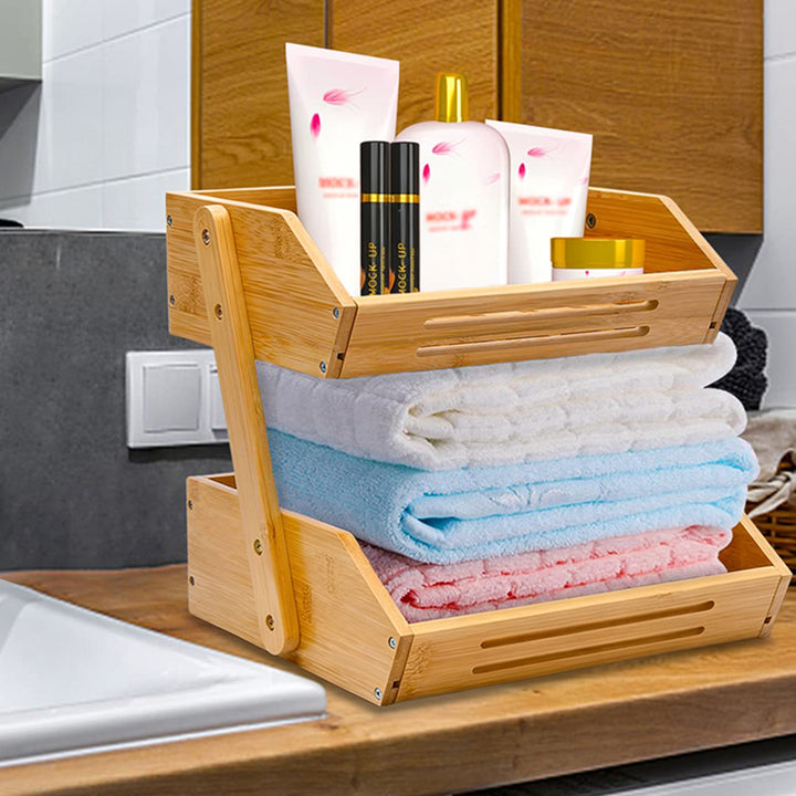 Contemporary Scandinavian Rectangular Bamboo Fruit Basket Desktop Storage Shelf 2/3 Tier For Kitchen