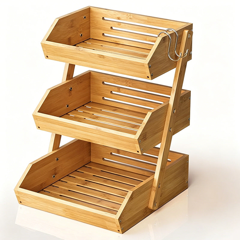 Contemporary Scandinavian Rectangular Bamboo Fruit Basket Desktop Storage Shelf 2/3 Tier For Kitchen
