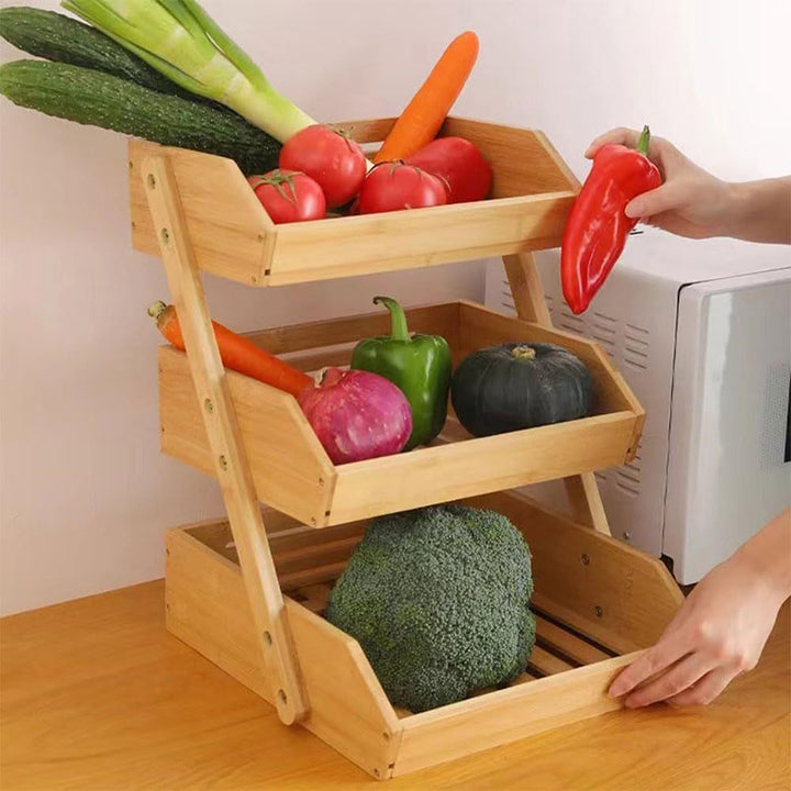 Contemporary Scandinavian Rectangular Bamboo Fruit Basket Desktop Storage Shelf 2/3 Tier For Kitchen