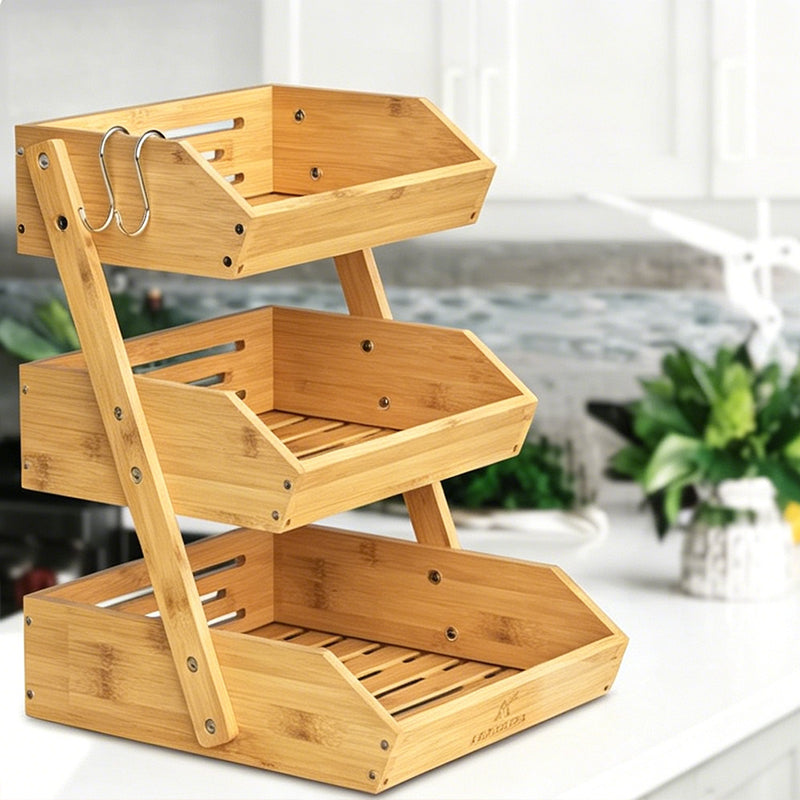 Contemporary Scandinavian Rectangular Bamboo Fruit Basket Desktop Storage Shelf 2/3 Tier For Kitchen