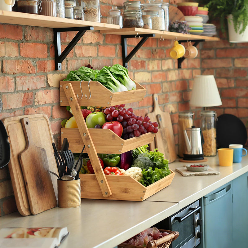 Contemporary Scandinavian Rectangular Bamboo Fruit Basket Desktop Storage Shelf 2/3 Tier For Kitchen
