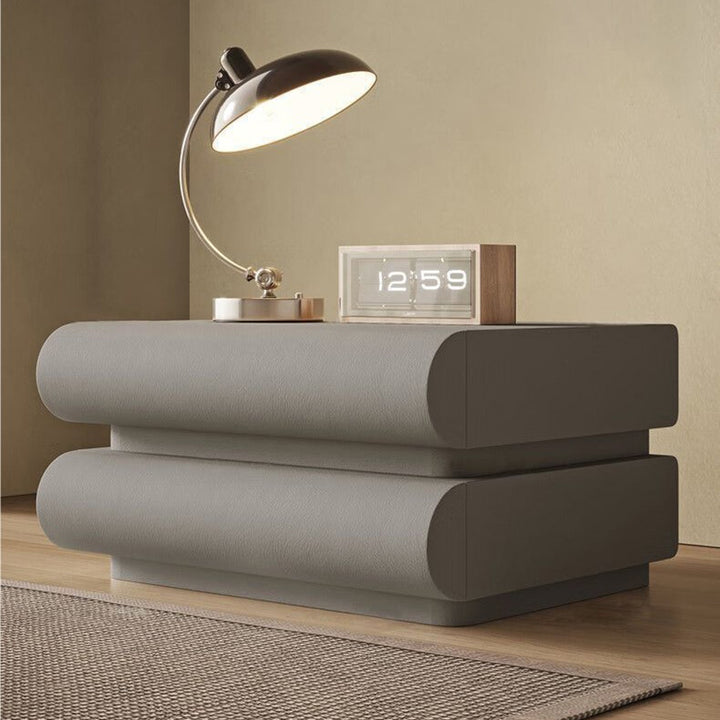 Moderno Minimalista Rectangular de Madera Maciza MDF Mesita de Noche de Cuero de Microfibra de 2 Cajones para Dormitorio 