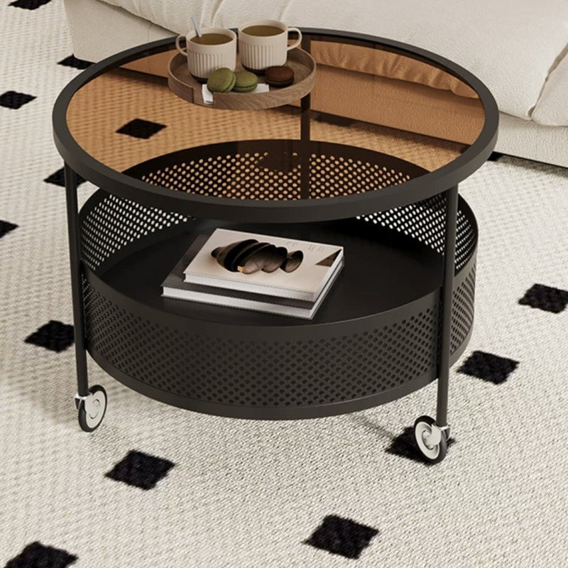 Modern Minimalist Glass & Metal Round Coffee Table With 1-Storage & Wheels For Living Room