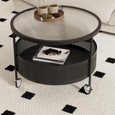 Modern Minimalist Glass & Metal Round Coffee Table With 1-Storage & Wheels For Living Room