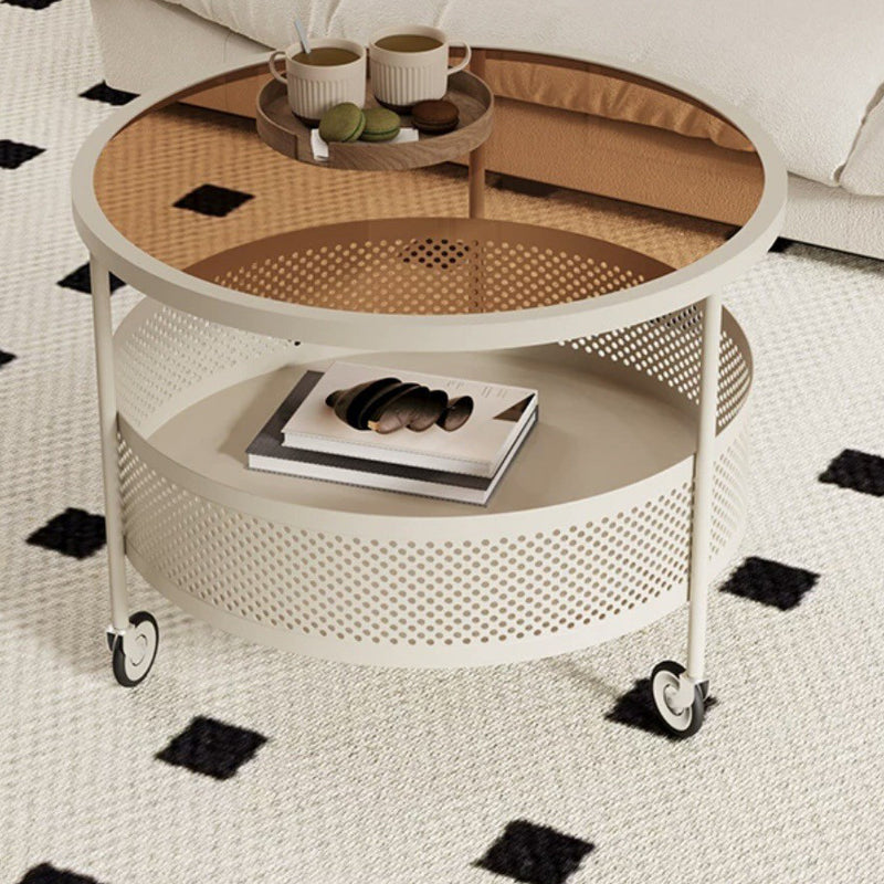 Modern Minimalist Glass & Metal Round Coffee Table With 1-Storage & Wheels For Living Room