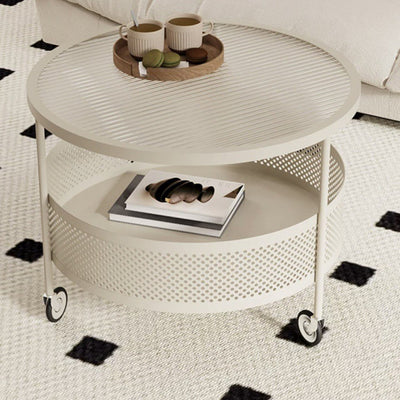 Modern Minimalist Glass & Metal Round Coffee Table With 1-Storage & Wheels For Living Room