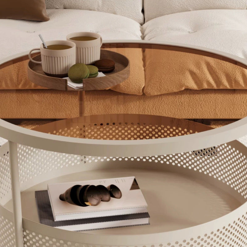 Modern Minimalist Glass & Metal Round Coffee Table With 1-Storage & Wheels For Living Room