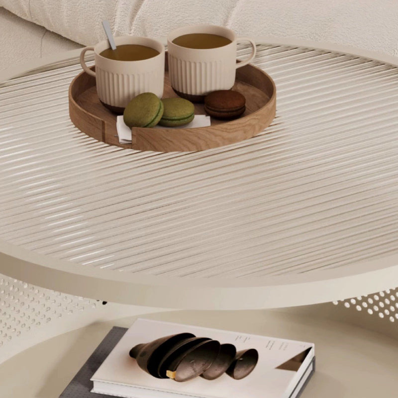 Modern Minimalist Glass & Metal Round Coffee Table With 1-Storage & Wheels For Living Room