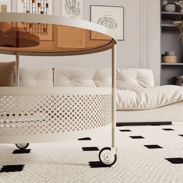 Moderner minimalistischer Glas- und Metall-Rundtisch mit 1 Ablage und Rädern für das Wohnzimmer 