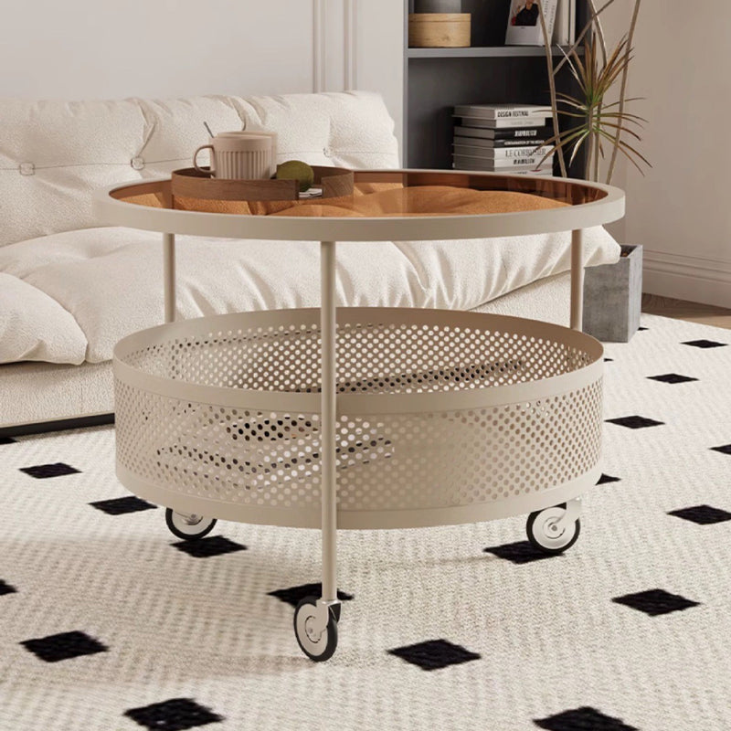 Modern Minimalist Glass & Metal Round Coffee Table With 1-Storage & Wheels For Living Room