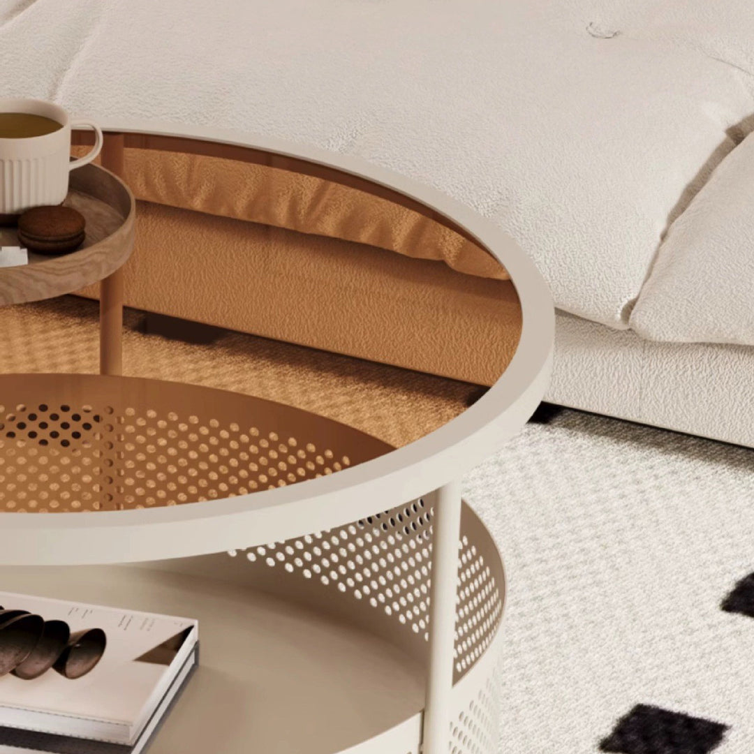 Moderner minimalistischer Glas- und Metall-Rundtisch mit 1 Ablage und Rädern für das Wohnzimmer 