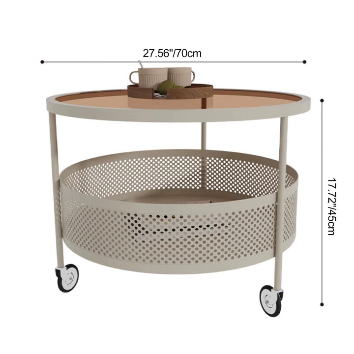Moderner minimalistischer Glas- und Metall-Rundtisch mit 1 Ablage und Rädern für das Wohnzimmer 