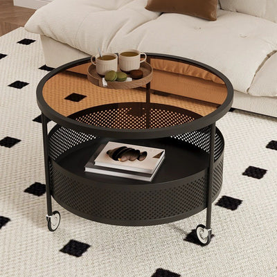 Modern Minimalist Glass & Metal Round Coffee Table With 1-Storage & Wheels For Living Room