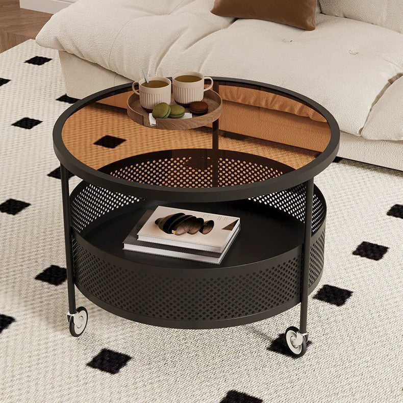 Modern Minimalist Glass & Metal Round Coffee Table With 1-Storage & Wheels For Living Room